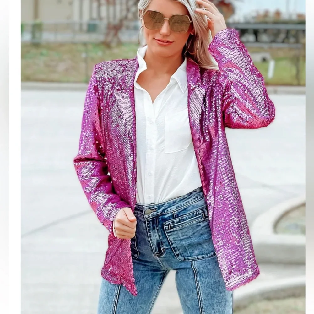 ❤️ NWT TCEC Showstopper Pink Sequin blazer Jacket size medium Valentine’s - Picture 2 of 11